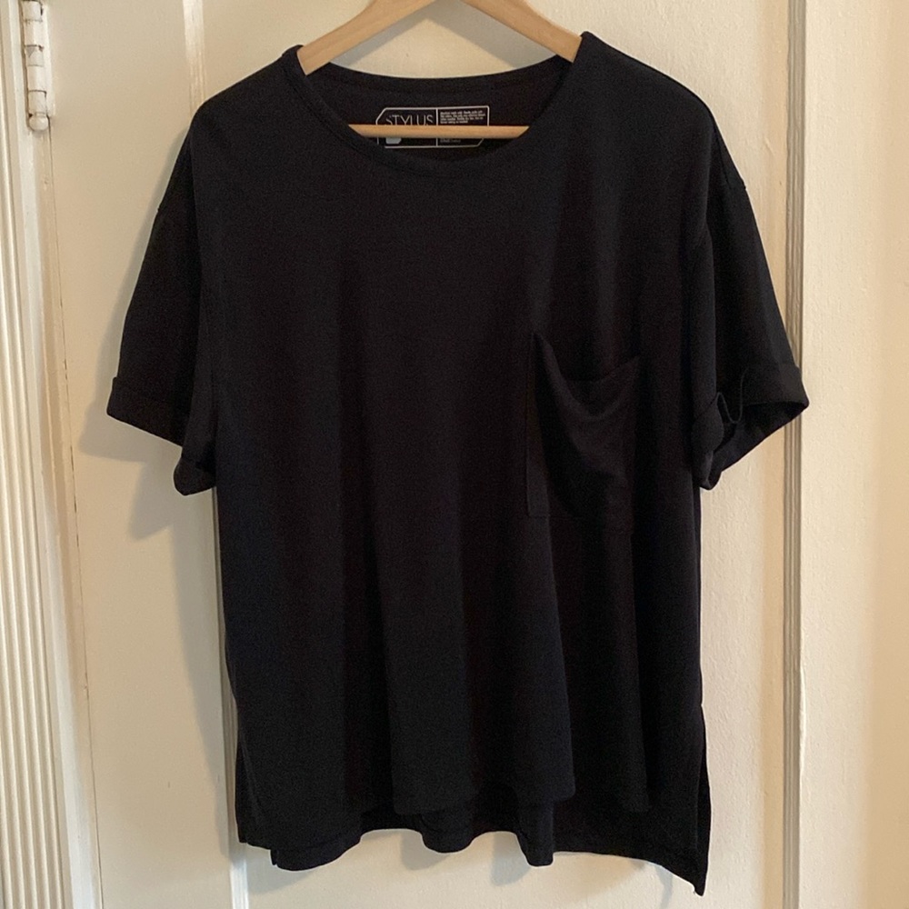 Stylus rolled sleeve blouse with pocket black XL